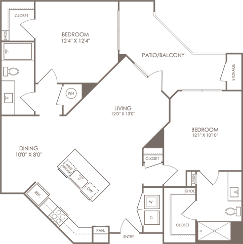 Floor plan for 2 beds, 2 baths, 1143 sqft